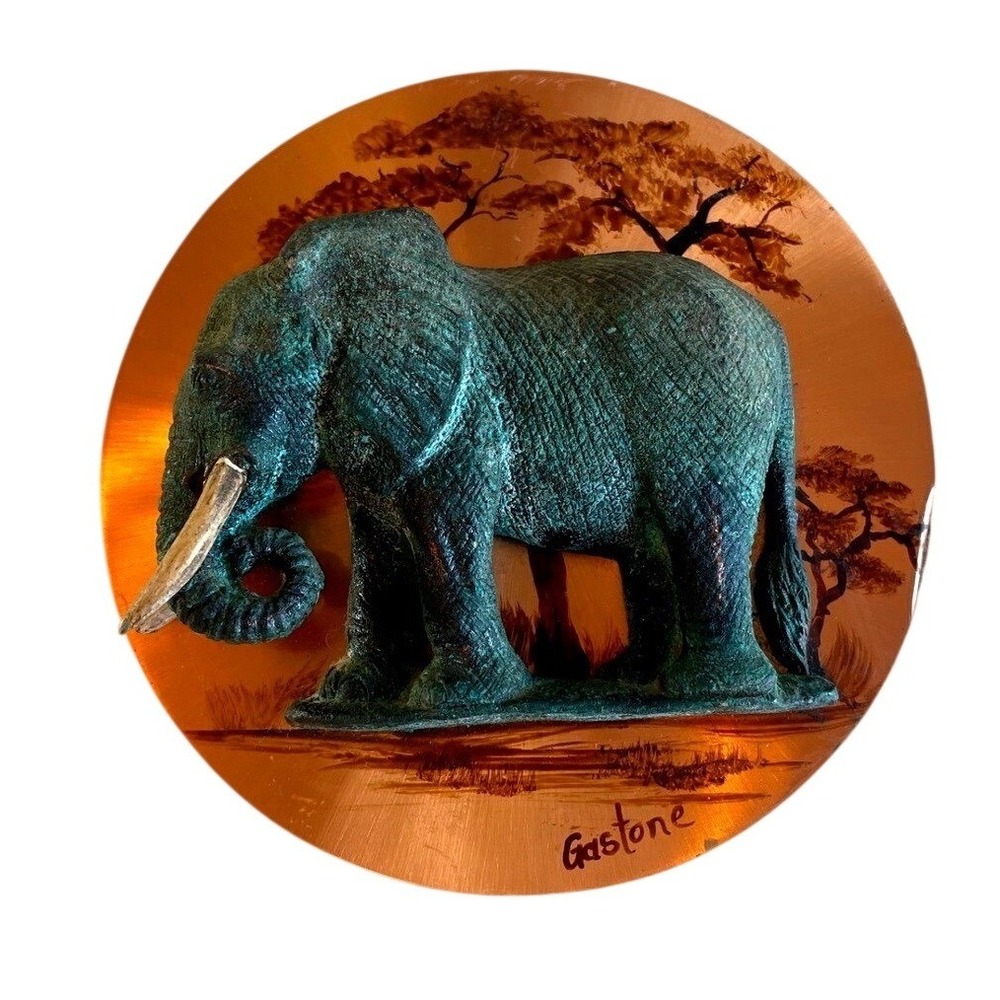 Gaston Signed Embossed Elephant 3D Copper Art Plaque Wall Decor Vintage 6.5in‎